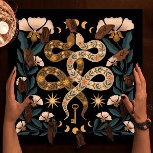 VIKAMA 2/4PC Mysterious Snake Pattern Tablecloth Double Snakes Entwined Sun and Moon Meditation Room Bohemian Decor