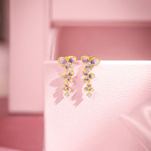 ZHOU LIU FU 周六福 S925 Sterling Silver Jewelry Set Cute Purple Iris Drop Earring Flower Necklace Fashion Jewelry for Women Girl J0614607/J0914608