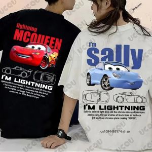 Lightning McQueen & Sally In Hình Cặp Đôi Áo Thun Cotton Ngắn Tay Mùa Hè Cổ Cho Nam Nữ Cổ Tròn Dáng Rộng Tee