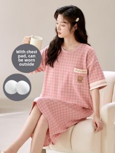 Pure Cotton Sleep Dress with Chest Pad Womens Summer Thin Short Sleeve Integrated Design Home Comfortable Breathable Nightgown