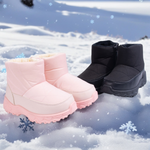 Kids Outdoor Water-Resistant Snow Boots with Fleece Lining Non-Slip Sole Black And Pink Warm Winter Shoes