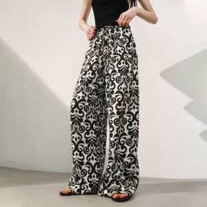 Miccbeirn | Silk Wide Leg Pants Straight Cut Casual Holiday Loose Elastic Waist Draped Durable Comfortable Breathable Fashionable Trousers