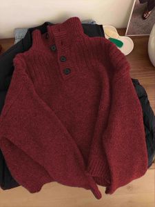 Christmas Wine Red High Collar Lazy Style Loose Knitted Womens Sweater Autumn Winter Spring Seasonal Bear Velvet Pull over Top