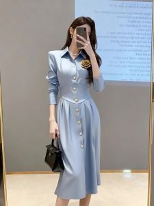 QFN | French Style Elegant Blue 3D Floral Turn-down Collar Slimming Dress