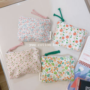 กระเป๋าใส่เครื่องสำอางผ้าฝ้ายลายดอกไม้สีชมพูสดใหม่ พิมพ์ลายพืช กระเป๋าใส่เครื่องประดับหู กระเป๋าใส่ลิปสติก กระเป๋าใส่ของเล็กแบบมินิ