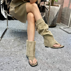 Fashionable Retro Strapless Sandals for Women with High Side Help Ultrafine Leather Lining Cool Boots with Low Heel for Daily Wear