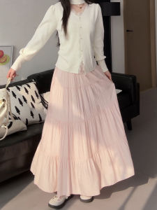 YAYANGREN | Pink Maxi Skirt Spring Autumn High Waist A Line Concealing and Slimming Tiered