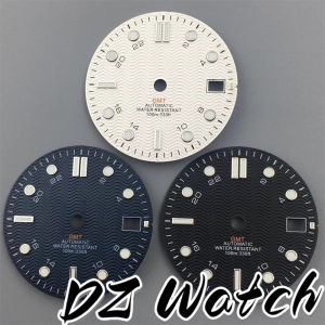 DZ 29mm/31mm Watch Dial Black Blue White Dial Wave Grain Green Luminous Fit NH34 GMT Automatic Movement Mens Watch Date Window