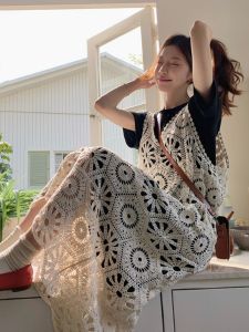 plus Size Womens French Design Sensation Strap Dress Summer Hollow out Skirt Top Two Piece Set Korean Style High Waist A-Line Skirt Short Sleeve round Neck