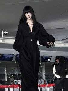 Elegant Black Lantern Sleeve Shirt Womens Fashion Set High-End Pleated Design Sensation Casual Cotton Long Sleeve Suit