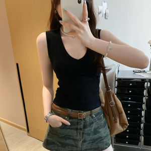 เสื้อกั๊กสีขาวแขนกุดสไตล์อเมริกันสำหรับผู้หญิง ทรงเข้ารูป แฟชั่นฤดูร้อน 2025 เสื้อชั้นในเสื้อคลุม เสื้อผ้าทำงาน