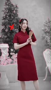 TW22279 เดรสกี่เพ้าคอจีนแขนสั้น ติดกระดุมจีน ..