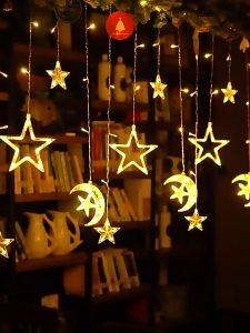 STARZ - SG Safety Mark  31V Stars Moon Crescent icicle Led Fairy Curtain Lights  Warm  Hari Raya Lampu Raya Decor Fully Outdoor Lightings