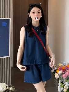 Bộ Đồ Denim Cổ Tròn Cổ Điển Cho Nữ Bộ Quần Short Ống Rộng Hai Mảnh Thời Trang Mùa Hè Phong Cách Mới Của Mỹ