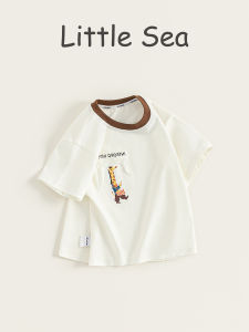 Summer Childrens T-Shirt Color Block round Neck Short Sleeve Pure Cotton Thin Print Cartoon Long Neck Giraffe Casual Top