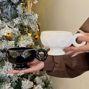 แก้วเซรามิคทำมือทรงแปลกตา ขาสูง สำหรับลาเต้อาร์ต กาแฟ คู่รัก สีพื้น เครื่องใช้รับประทานอาหาร แก้วมาร์ค