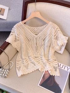 French Crochet Hollow out V-neck Knitwear Short Sleeve Womens Summer Plus Size Plus Size Ladies Trendy Thin Bandage Dress Sun Protective Blouse