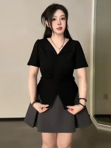 Áo Thun Tay Ngắn Cổ Chữ V Xếp Ly Dáng Ôm Mùa Hè Cho Nữ Cỡ Lớn Không Đều Có Đường May Che Bụng Phong Cách Pháp