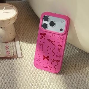 Potdemiel | Korean Full Screen Red Bowknot Leather Texture Phone Case for iPhone Air 13 14 16 15 17 Pro Max Shockproof Protective Cover
