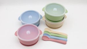 พร้อมส่ง ชามซิลิโคน ชามเด็ก ชามซิลิโคนดูดโต๊ะ ฝึกกินอาหาร พร้อมช้อนและฝาปิด