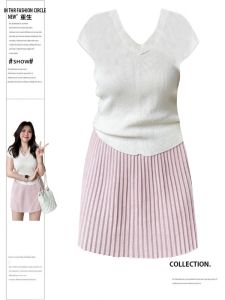 plus Size Sweet Cool Spicy Girl Set Women Summer Short Sleeve Knitted T-Shirt Top High Waist Pleated Mini Skirt Two Piece Set