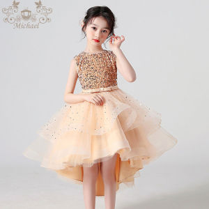 Girls Piano Performance Dress Skirt Sparkling Train Flower Girl Dress Children Host Show off Princess Summer A-Line Skirt