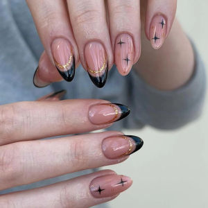 Medium fake nails for women french style nude almond nail tips with black star red colors sparkling golden strips press on nail