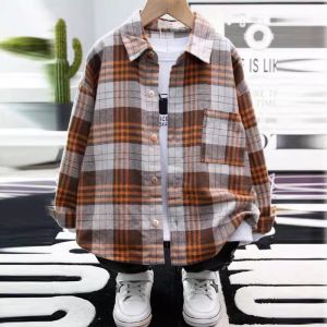Boys Plaid Long Sleeve Shirt Spring Autumn Fashionable Checkered Top for Kids Ages 4-14 Korean Style Stand Collar Chinese Production