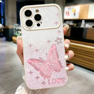 Glitter Pink Butterfly Rhinestone Star Print Phone Case For iPhone 17 16 15 14 13 12 11 Pro Max Plus Soft Shockproof TPU Cover