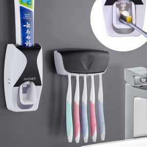 YESPERY Wall Mounted Toothbrush Holder Automatic Toothpaste Dispenser Squeeze Kit with 5 Toothbrush Slots for Home Bathroom