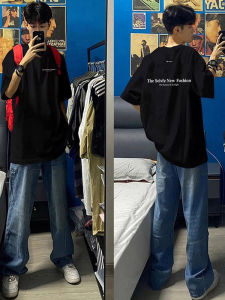 American Style Simple Original Letter Black T-Shirt Short Sleeve Mens Summer round Neck Pure Cotton Heavyweight Half Sleeve