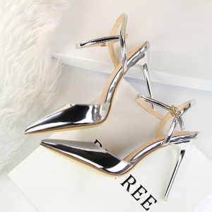 Fashion New Spring/Summer New Pointed Toe Shoes Patent Leather Metal Sandals Ol Stiletto Heel High Heels Ankle-Strap Shoes Female Silver