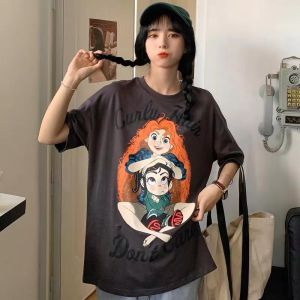 DUOHANZI 2023 ฤดูร้อนใหม่ผู้หญิงเสื้อสไตล์เกาหลีเสื้อยืดพิมพ์คอกลมยาวเสื้อ Oversize เสื้อยืด Oversize