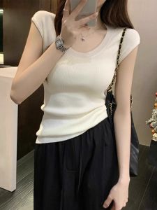 Áo Thun Tay Ngắn Dệt Kim Ice Silk Màu Trắng Cổ Chữ U Cho Nữ Mùa Hè Mỏng Dáng Ôm Vừa Vặn Tay Nhỏ Vai Thường Xuyên Không Có Thương Hiệu