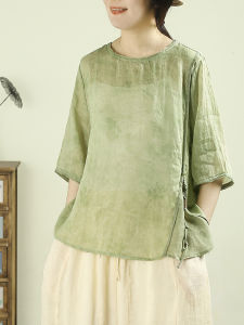 QIANQIUFEIYAN | Áo Blouse Dễ Dàng Chất Gai Cổ Tròn Có Phù Điệu Phong Cách Trung Quốc