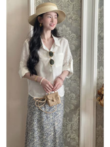 YUEZHONGWEI | French Polo Neck White Linen Silk Sun Protection Shirt Women Summer Thin Outerwear Cardigan Turn-down Collar Top