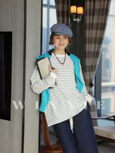 เสื้อยืดคอกลมแขนยาวทรงหลวม WinnieTang ระบายอากาศได้ดี ทรงเข้ารูป สไตล์ลำลอง ผ้าฝ้ายแท้ ลายทาง เสื้อผ้าทำงาน