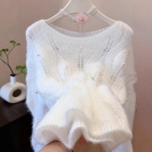 เสื้อสเวตเตอร์ถักแบบมีฮู้ดสีขาวสำหรับผู้หญิง ทรงหลวม แขนยาว ปกกลม ทรงปกติ ฤดูใบไม้ร่วง 2025 ผลิตในจีน