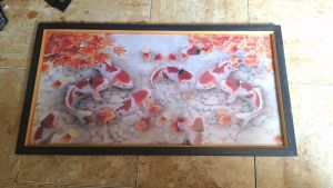 Hiasan Dinding Lukisan Cetak plus bingkai 9Ikan Koi FENGSHUI ukuran 100x50cm