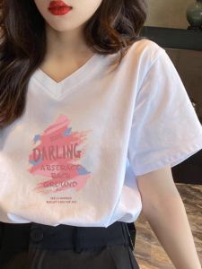 Áo Thun Cotton Tay Ngắn Cổ Chữ V Mùa Hè Cho Nữ Dáng Rộng in Chữ Màu Trắng Đa Năng Giảm Tuổi Tác Phong Cách Công Sở Phiên Bản Hàn Quốc