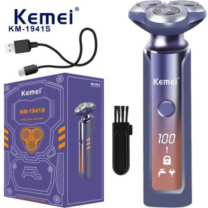 Kemei KM-1941S Electric Shaver Rechargeable Beard Razor Shaving Machine For Men Trimmer Wet Dry Purple Shave