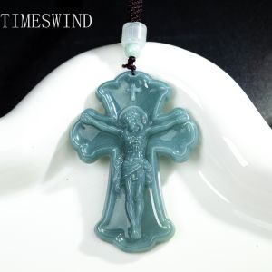 TIMESWIND Natural Original A-Type Jade Blue Water Cross Priest Pendant Men Necklace Fashion Jewelry Gift with Certificate