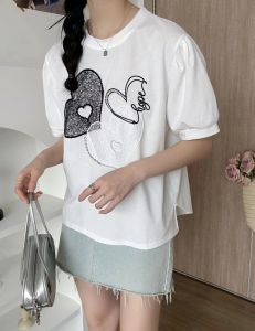 2024 Dongda Gate Womens round Neck Short Sleeve T-Shirt Summer New Style Korean Version Loose Fit Creative Pattern Commute