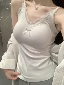 French Lace Trim Strap Vest Womens Fur Inner Wear with Chest Pad Beautiful Back Bra Integrated Base Tube Top Shirt