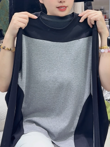 QINGNAER | Color-blocked Round-neck Slimming Large-size Womens Long-sleeved T-shirt