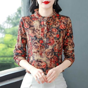 เสื้อเชิ้ตผู้หญิงแขนยาวทรงปกติ คอกลม แขนยาว ผ้าเดนิมสองด้าน ฤดูใบไม้ร่วง/ฤดูหนาว เสื้อชั้นใน อบอุ่น สำหรับคุณแม่วัยกลางคน