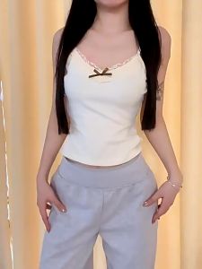 Sweet Girl Knitted Cotton Lace Sleeveless Top Summer Slim Ladies Camisole Top