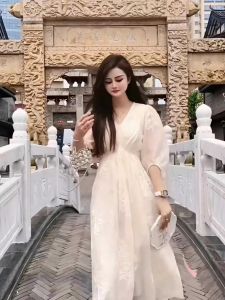 Fashionable New Chinese Style Bubble Sleeve Tea Break Long Dress Womens Summer Slimming High Waist Match All Dresses