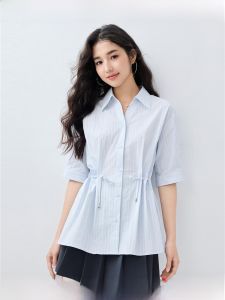 Designer Giordano Striped Shirt Womens Summer New V-neck Waist-cinched Short-sleeve Casual Style Cotton Blend Shirt