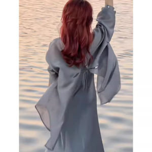 chaqi | Womens Summer Thin Chiffon Shirt Back Split Sun Protection Air Conditioning Sweater Polo Collar Loose Fit Mid-Length Other Material